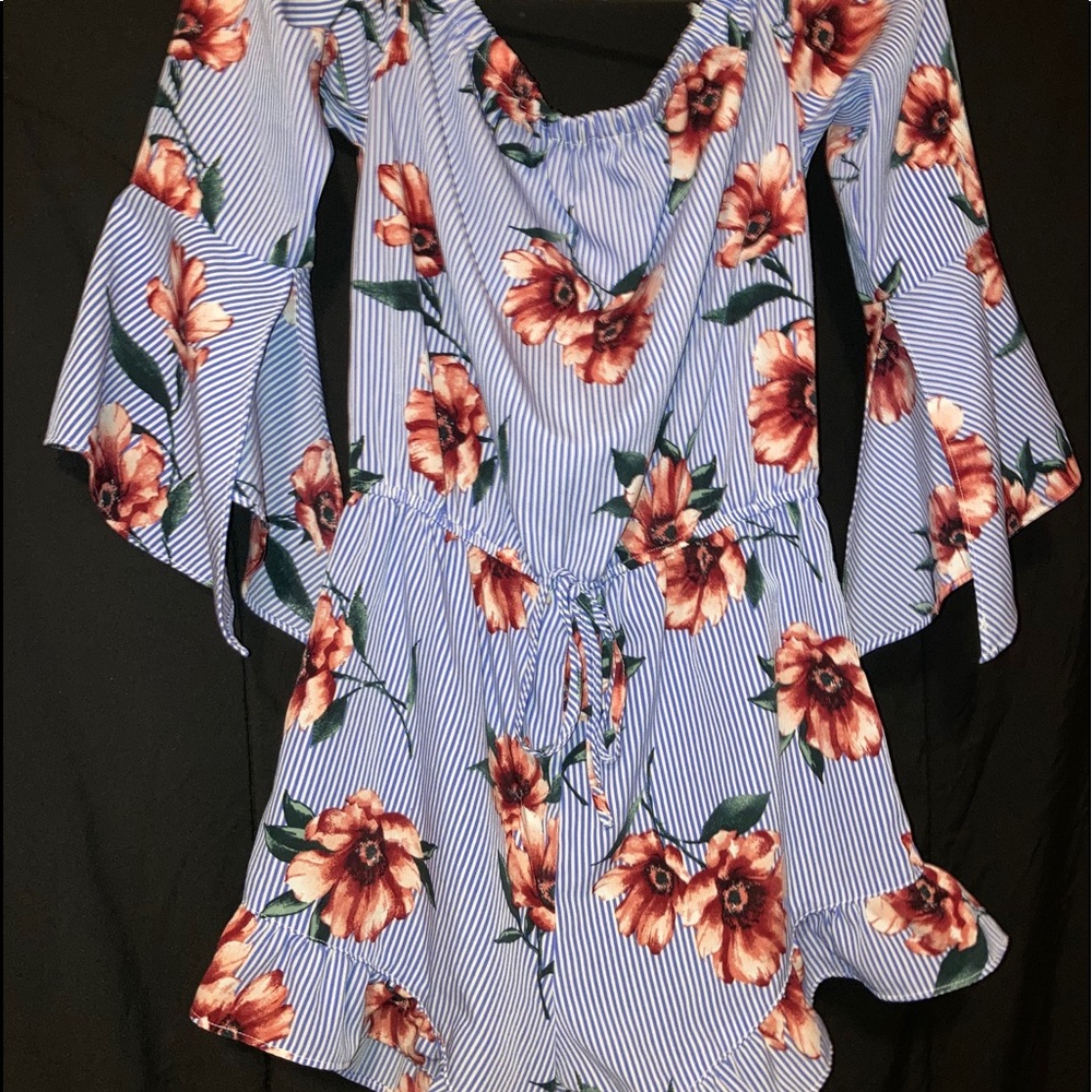 Off-Shoulder Floral Blue Romper